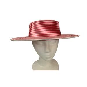 Liz Claiborne Vintage Boater Hat Skimmer Size Small Stripe Pink White Wide Brim